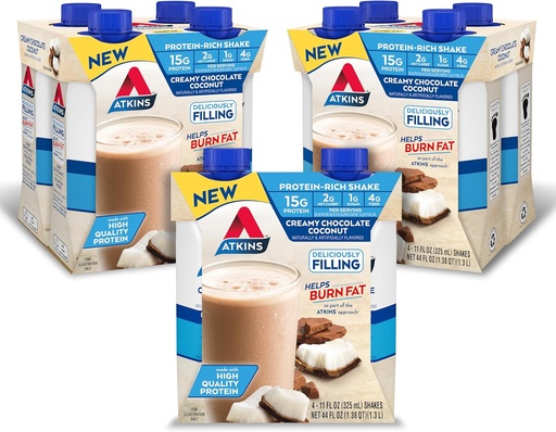 [BRSRA2QEPMJQAGTX] Atkins Creamy Chocolate Coconut Protein Shake, 15g Protein, 2g Net Carbs, 1g Sugar, Keto Friendly, 12 Count