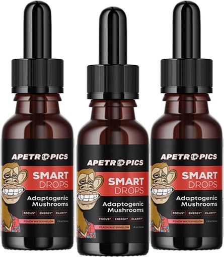 [BRSROZ32OEMBS2TO] Apetropics Smart Drops - 5-in-One Adaptogenic Mushroom Tincture with Lion’s Mane, Cordyceps, Turkey Tail, Chaga, Reishi - Nootropic Brain Supplement - Peach Watermelon Flavor, 30-Servings (3 Pack)