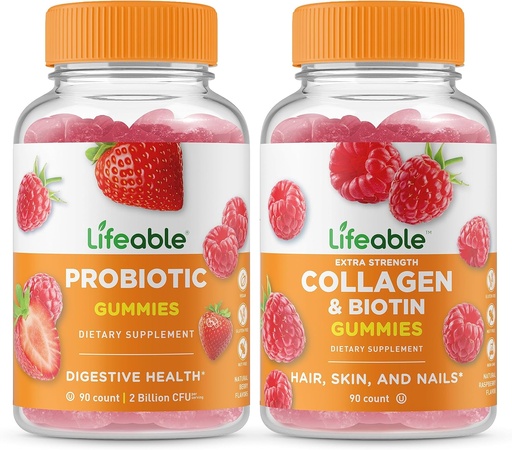 [BRSROZI6CMPQM3DJ] Lifeable Probiotic 2 Billion CFU + Collagen & Biotin, Gummies Bundle - Great Tasting, Vitamin Supplement, Gluten Free, GMO Free, Chewable Gummy