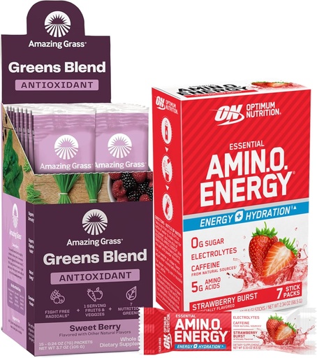 [BRSRAFD5AUJQ4HY4] Amazing Grass Bundle of Optimum Nutrition Essential Amino Energy Plus Electrolytes Stick Packs, Energy Powder, Strawberry Burst, 7 Count Greens Superfood Antioxidant: Sweet Berry, 15 Servings
