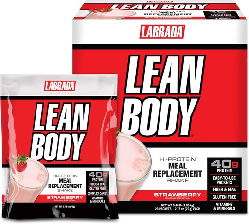 [BRSWIYT3AEMBGEA7] Labrada Lean Body MRP All-In-One Strawberry Meal Replacement Shake, 40g Protein, Whey Blend, 8g Healthy Fats EFA's & Fiber, 22 Vitamins and Minerals , No artificial color, Gluten Free, (20 Packets)