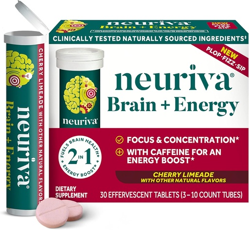 [BRSW2BDQOUFA2CDF] NEURIVA Brain + Energy Supplement with Clinically Tested Neurofactor For Focus & Concentration, Vitamin B12, & 150mg of Caffeine For An Immediate Energy Boost, 30ct Cherry Limeade Effervescent Tablets