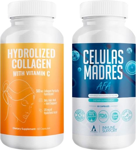 [BRSROC32DMDRSAIU] Aura Vitamin Mega Antioxidant Bundle | Hydrolyzed Collagen & AFA Stem Cell | Hydrolyzed Collagen with Vitamin C, Aphanizomenon Flos-Aquae | Celula Madre Skin, Hair and Nail Support – 60 Each Caps (1)