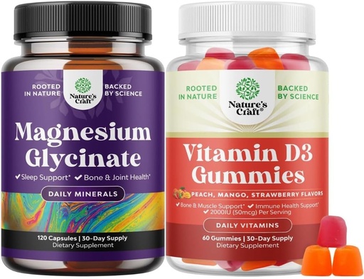[BRSROCT4BYCR63AZ] Bundle of Pure Magnesium Glycinate 400mg Per Servering för humörsömn och avkoppling och vitamin D3 Gummies för dagligt välbefinnande eller benmuskel och immunstöd