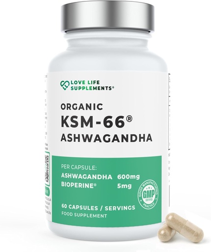 [BRSWGFQRO4ARGGQ6] Love Life Supplements Organic Ashwagandha KSM-66®, 2 Month Supply - 60 Capsules, High Strength 600mg per Capsule, 5% Withanolides, Bioperine® for Increased Absorption, Zero Fillers, Lab Tested