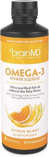 [BRSW2HYNCIMWMEL7] BRAINMD Dr Amen Omega-3 Power Squeeze, Citrus Blast - 16.8 oz - Supports Cardiovascular, Brain & Immune System Health - Gluten Free - 30 Servings