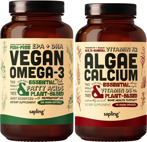 [BRSROBQDAB7GKDQU] Vegan Omega 3 180 Softgels & Algae Calcium Bundle - Plant Based DHA & EPA Fatty Acids, Calcium Supplement from Red Algae with Vitamin K2 & D3, Magnesium, Zinc, Boron, Mineral Complex