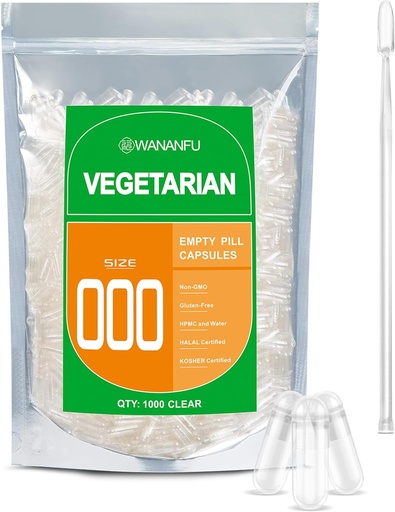 [BRSRMYYZCECBGGTZ] wananfu Taille 000 Capsules vides Végétarien (1000 Nombre) Bundle avec Micro Lab Spoon, Effacer Capsules Veggie Pill 1000 pour faire vos propres suppléments
