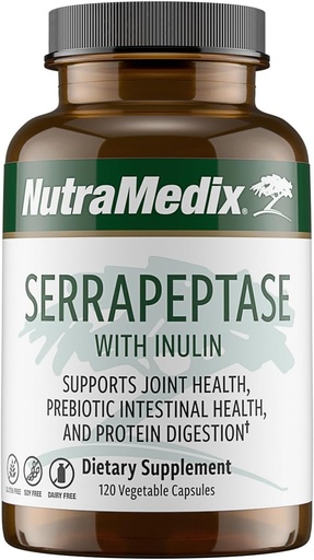 [BRSWIZ3RAIFGK23A] NutraMedix Serrapeptase Supplement with Proteolytic Digestive Enzymes for Women &amp; Men - Inulin Prebiotic Fiber for Gut Health & Joint Support - Dairy, Soy & Gluten-Free (120 Capsules)