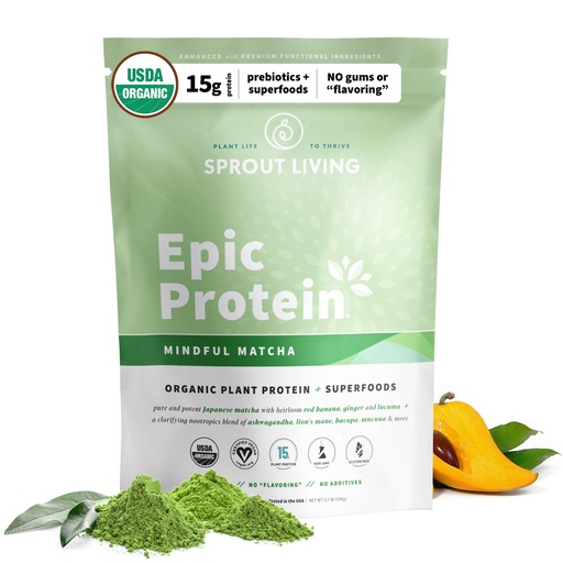 [BRSW2CQZOICB6232] Sprout Living Epic Protein, Plant Based Protein & Superfoods Powder, Mindful Matcha | 17 Grams Organic Protein Powder, Vegan, Non-GMO, Gluten Free, Adaptogens + Nootropics (1 Pound, 12 Servings)