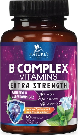 [BRSW2AA5BADRAHTU] B Complex Vitamins Capsules - Super Complete B-100 Complex with Vitamin B12 B6 C Biotin Folate & Folic Acid for Immune & Energy Support - Supplement for Heart, Brain, & Nerve Support - 60 Capsules
