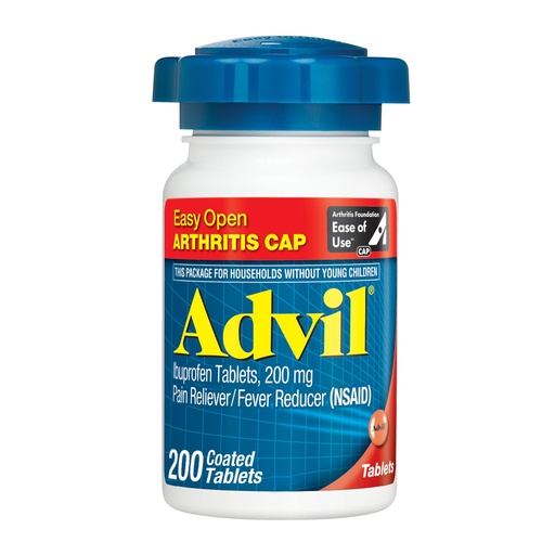 [BRSWKFYCB4CWI2TM] Advil Pain Reliever and Fever Reducer, Pain Relief Medicine with Ibuprofen 200mg for Joint Pain, Muscle Ache and Minor Arthritis Pain Relief - 200 Coated Tablets with Easy Open Arthritis Cap | Relieves Arthritis, Joint Pain and Back Pain, Easy Open Arthritis Cap, Long-Lasting Relief
