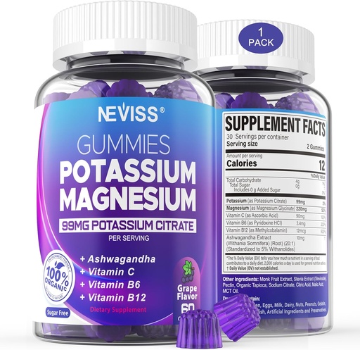 [BRSROFI7O4NAAHQY] Potassium Magnesium Gummies - תוסף Potassium w/Ashwagandha 200 מ"ג, Magnesium Glycinate,B6,B12,P-otum Citrate for Leg Cramps,muscle,Electroyte for Adults, Sugar-Free,1Packk-Free,1Packack,1Pack