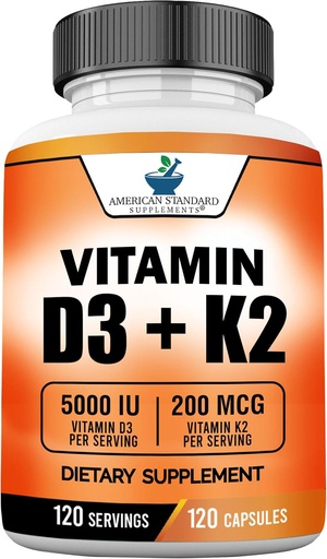 [BRSW2ZIDBUHGMALD] American Standard Supplements Vitamin D3 5000 IU (125mcg) Plus Vitamin K2 (MK7) 200mcg Per Capsule - Gluten Free, Non-GMO, 120 Capsules, 120 Servings, 120 Day Supply