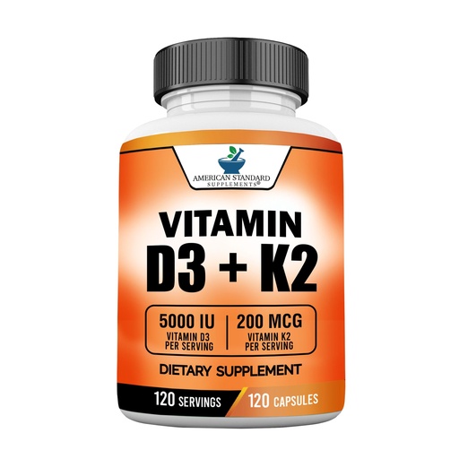 [BRSW2ZIDBUHGMALD] American Standard Supplements Vitamin D3 5000 IU (125mcg) Plus Vitamin K2 (MK7) 200mcg Per Capsule - Gluten Free, Non-GMO, 120 Capsules, 120 Servings, 120 Day Supply