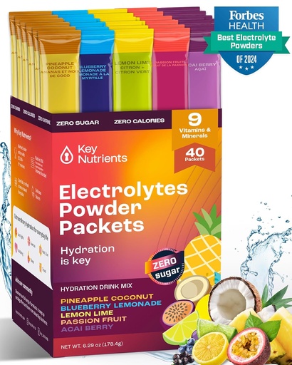 [BRSROBD4CB6BQD3G] KEY NUTRIËNTEN Elektrolyten Poeder Pakjes Geen Suiker - 5 Heerlijke smaken in Hydration Packets 40 Pack - Glutenvrije Elektrolyten Poeder Pakjes