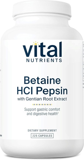 [BRSWIYAIC4MRKFLE] Vital Nutrients Betaine HCL Pepsin with Gentian Root Extract | Digestive Enzyme Formula to Support Protein Digestion and Nutrient Absorption* | Gluten, Dairy, Soy Free | 225 Capsules