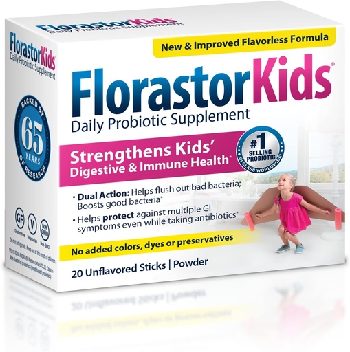 [BRSWIFI3AIHAIEDE] Florastor Kids Daily Probiotic Supplement, Unflavored Powder Mešanice s hrano ali pijače, Uporaba z antibiotiki, Saccharomyces Boulardii CNCM I-745 (20 Vrečke), Pakiranje 2