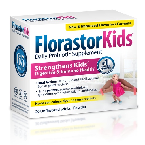[BRSWIFI3AIHAIEDE] Florastor Kids Daily Probiotic Supplement, Unflavored Powder Mixes with Food or Beverage, Use with Antibiotics, Saccharomyces Boulardii CNCM I-745 (20 Sachets), Pack of 2