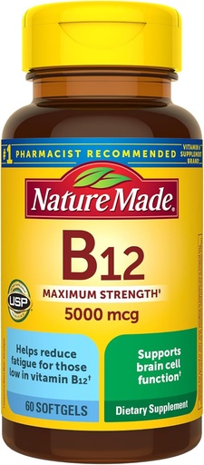 [BRSWIEILDMNBW3LE] Nature Made Maximum Strength B12 5000 mikrog, ravintolisä energian aineenvaihdunta tukea, 60 Softgels, 60 päivän tarjonta