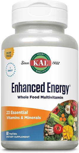 [BRSWIEYIDMHGE3DG] KAL Enhanced Energy Supplements, Once Daily Whole Food Multivitamin for Women and Men, Iron Free, 23 Essential Vitamins, Minerals, Super Foods, Digestive Enzymes, 60-Day Guarantee, 60Serv, 60 VegTabs