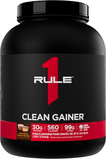 [BRSRMCQEB4HWEADX] Rule 1 Clean Gainer - High-Protein Lean Gain Formula with 560 Calories, 30g of Full-Spectrum Protein, Over 90g Carbs, Under 6g of Fat (15 Servings, Chocolate Peanut Butter)