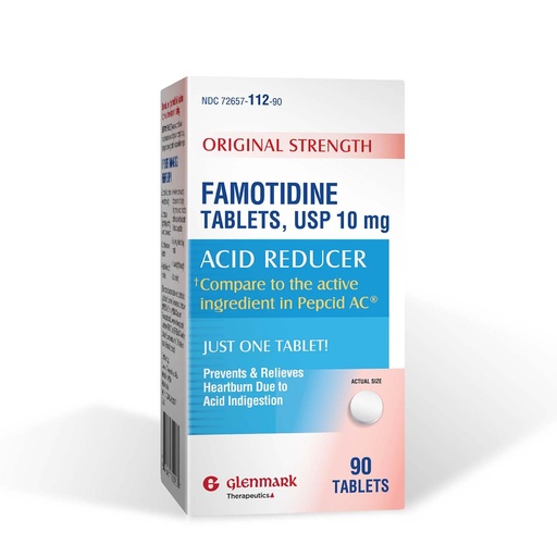 [BRSW22TYOUJQAG35] Glenmark Therapeutics Original Strength Famotidine Tablets, 10 mg, Acid Reducer for Heartburn Relief, 90 Count