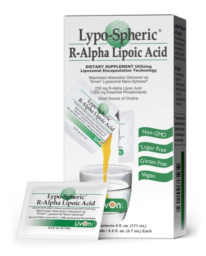 [BRSWIFL3AQAAEHTK] LivOn Laboratories Lypo-Spheric R-Alpha Lipoic Acid - 226mg Per Packet - Liposome Encapsulated for Maximum Bioavailability - 100% Non-GMO (30 Individual Packets)