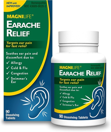 [BRSWKGAIOJ5AG2DE] MagniLife Earache Relief, Rilievo naturale ad azione rapida per i nuotatori Oreore, Dolore e Discomfort da Allergie, Freddo e Flu - 90 Tavole dissolvere Rapide