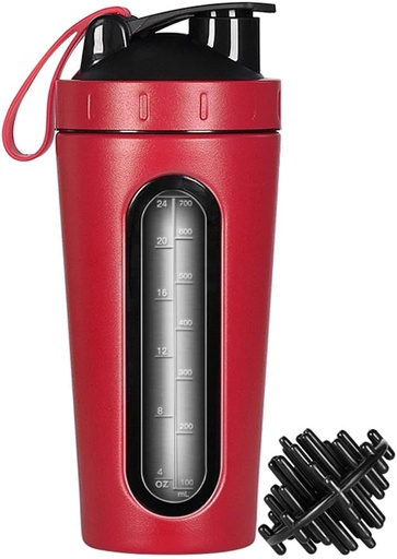 [BRSWGGTYCQGWAETD] Protein Shaker Bottle, Stainless Steel Shaker Cup, Sports Mixer Water Bottle, Visible Window, Leak Proof, No BPA with Mixing Ball for Gym Fitness Workout, 28 Ounce, Red