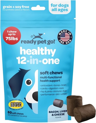 [BRSROGIDCAMB4AAY] 12-in-1 Complete Multivitamin for Dogs | Dog Multivitamin Chewable with Glucosamine Chondroitin & Digestive Probiotics for Dogs of All Ages and Sizes | NASC Certified & Made in The USA | 60 Chews
