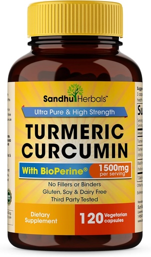 [BRSWY2QZPIDW2H36] Sandhu Herbals Organic Turmeric Curcumin 120 Capsules with Bioperine Black Pepper Extract Supplement | 1500mg with 95% Curcuminoids | Immune Support