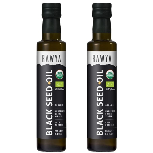 [BRSW2Z33OYMGMDI6] RAWYA Black Seed Oil - Orgánica Frío Presionado Nigella Sativa - Orígen Turco - USDA Orgánica - Suplemento Natural - Black Cumin Seed Oil - Rich Flavor & High Concentration - 250ml Glass Bottle - 2 Pack