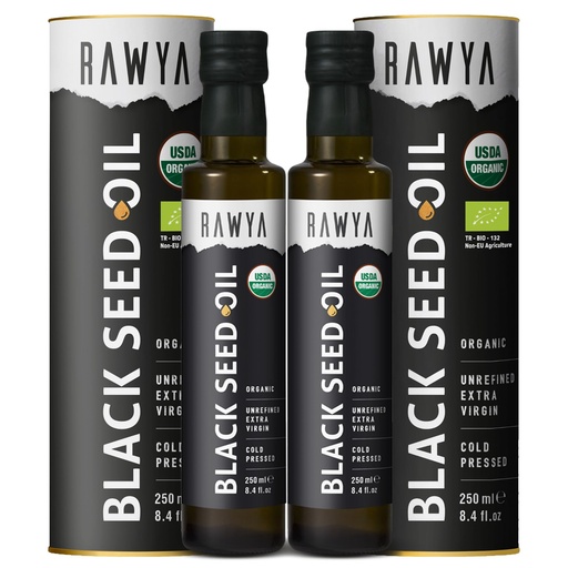 [BRSW2Z33OYMGMDI6] RAWYA Black Seed Oil - Organic Cold Pressed Nigella Sativa - Turkish Origin - USDA Organic - Natural Supplement - Black Cumin Seed Oil - Rich Flavor & High Concentration - 250ml Glass Bottle - 2 Pack