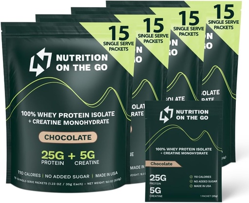 [BRSRAAYPPJ6QIGTV] Nutrition On The Go Whey Protein Isolate Packets with Creatine – 25g Protein + 5g Creatine – Single-Serve Travel Protein Powder – Chocolate (60-Pack)
