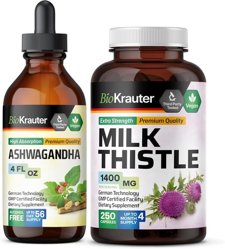 [BRSRAAYYAENAO3AZ] BIO KRAUTER Ashwagandha Tincture 4 Fl. Oz. & Milk Thistle 250 Capsules