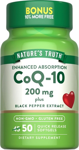 [BRSWICQBBBYBO23O] Nature's Truth CoQ10 200mg Softgels | 50 Count | Enhanced Absorption Supplement | Plus Black Pepper Extract | Non-GMO, Gluten Free
