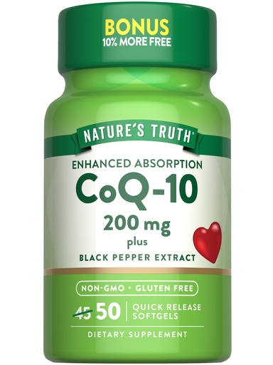 [BRSWICQBBBYBO23O] Nature's Truth CoQ10 200mg Softgels | 50 Count | Enhanced Absorption Supplement | Plus Black Pepper Extract | Non-GMO, Gluten Free