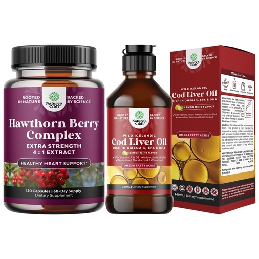 [BRSRAHY2DIMQ2HT2] Bundle of Extra Strength Hawthorn Berry Capsules Hawthorn Extract Digestion and Heart health Supplement and Icelandic Cod Liver Oil Liquid Wild Caught Nordic Omega 3 Fish Oil Liquid for Adults and Kid