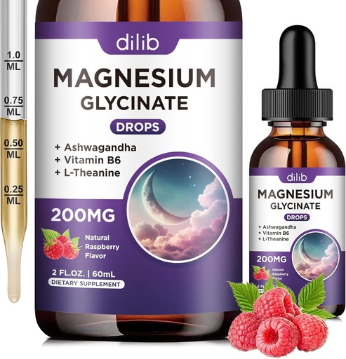 [BRSRAZTQAQAWY3TD] Magnesium Glycinate 200mg Supplement, Magnesium Liquid Drops with Vitamin B6, Ashwagandha, L - Theanine, Chamomile -Support Stress Relief, Bone, Muscle, Mood Vegan - Raspberry Flavor - 2 FL.OZ