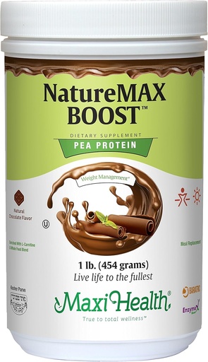 [BRSWKZAEDEJRS3DI] NatureMax BoostTM Pea Protein Powder - Energy Supplement Meal Replacement - 20g Protein Per Serving - Natural Chocolate Flavor - Kosher Vitamin - 1lb.