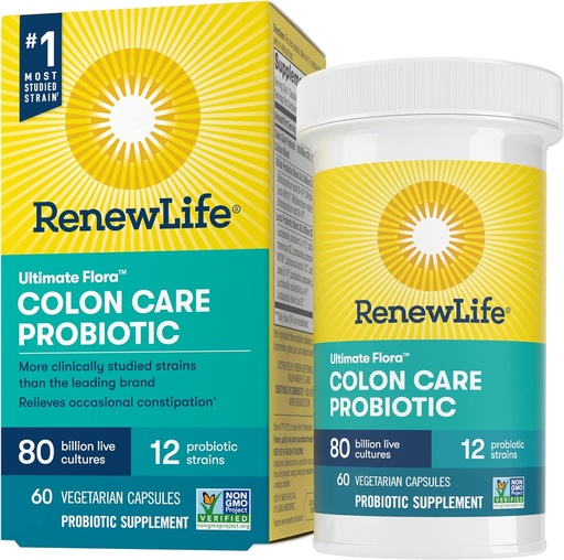 [BRSWYEILDIMWCCL7] Renew Life Adult Colon Care Probiotic Supplement, Gluten, Dairy & Soy Free, 80 Billion CFU Per Capsule, 60 Capsules (Package May Vary)