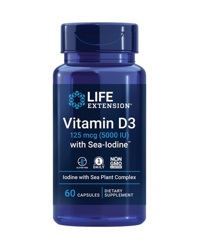 [BRSWIGQTOAHWIEL6] Life Extension Vitamin D3 with Sea-Iodine™, 125 mcg (5000 IU) – Immune Support, Bone Health, Thyroid Health – 1 Daily, Gluten-Free, Non-GMO – 60 Capsules