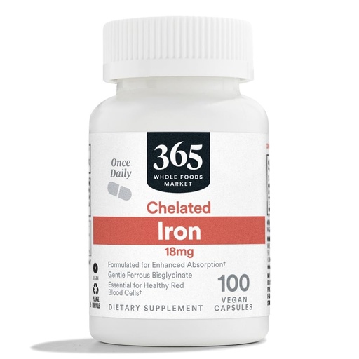[BRSWGZQBOYIGA2DH] 365 by Whole Foods Market, Chelated Iron 18mg, Vegan, 100 Capsules
