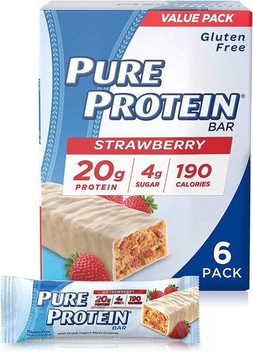 [BRSWIAIOAFYAGELA] Pure Protein Bars, High Protein, Nutritious Snacks to Support Energy, Low Sugar, Gluten Free, Strawberry Greek Yogurt, 1.76oz, 6 Pack