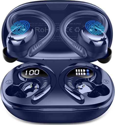 [BRSREHYDCQNWKFD4] Wireless Earbuds Sport, 2025 Bluetooth 5.4 Headphones with Earhooks, 50H Stereo Deep Bass Over Ear Buds with 4 ENC Noise Canceling Mics, IP7 Waterproof Earphones for Running Workout Gym -Blue
