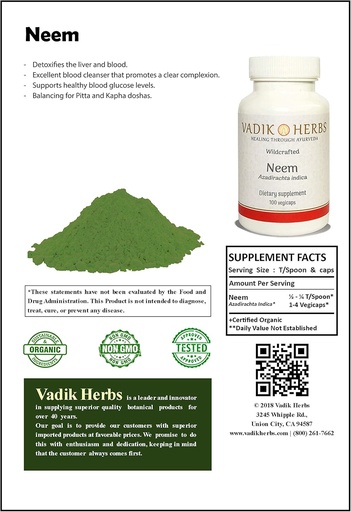 [BRSWGH37OYCBGYDF] Certificat Organic Vadik Herbs Neem (Azadirachta Indica) Pewder 1lb. Empaqueteu nivells de Glucose excel·lents de sang, suport de salut, Glucose, Balancing per Pitta i Kapha Doss