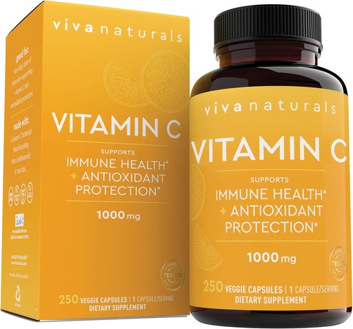 [BRSWIEL7AB5BGGTU] Viva Naturals Vitamin C, 1000 mg, 250 Vegetariánských kapslí - s Citrus Bioflavonoidy & Rose HIPS, Non- GMO pro imunitní podporu a antioxidanty