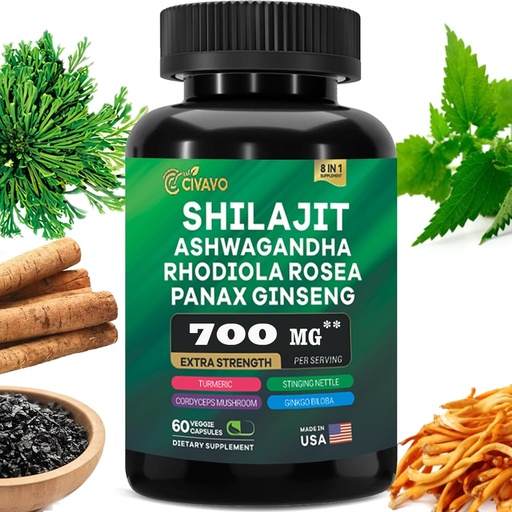 [BRSROAICA4NRUHTK] Shilajit Pure Himalayan 9000MG, Ashwagandha 2000MG, Rhodiola Rosea 1000MG, Panax Ginseng 1500MG, Turmeric 500MG, Gingko Biloba 500MG, Stinging Nettle 250MG, Cordyceps Mushroom 500MG