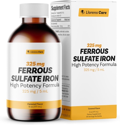 [BRSRA2YCB4NAMFAZ] Ferrous Sulfate 325mg Liquid Iron 65mg of Elemental Iron by Llorens Care - 6 oz - Caramel Flavor (6 oz, Caramel)